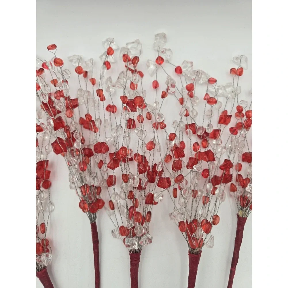 Lot Of 5 Acrylic Bead Spray Red & Clear Picks Holiday Craft Flower Arrangement